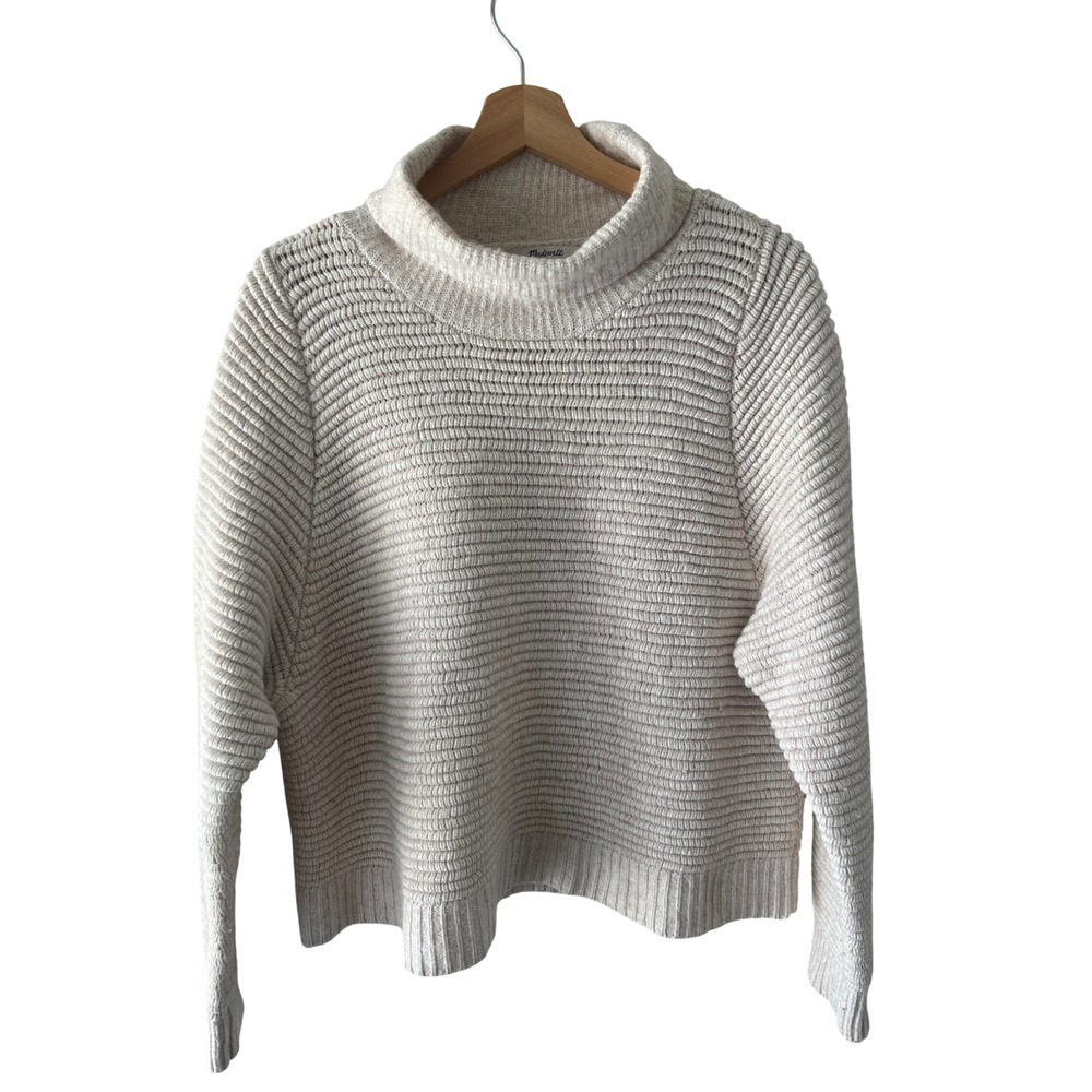 Madewell XL Cotton Merino Wool Ribbed Side Button Mock Neck Sweater Beige